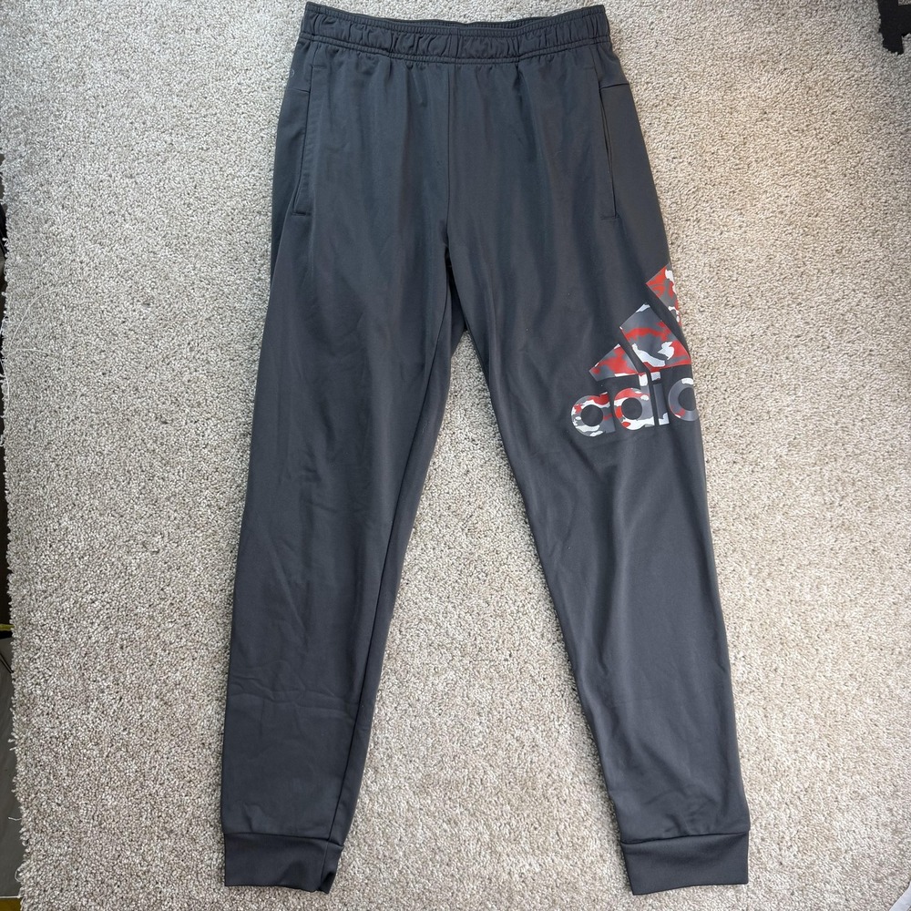 Adidas Jogger Pants Mens Medium Gray Knit Elastic Waist Pockets Logo Tapered